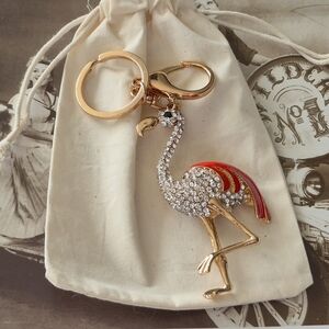 Elegant Gold And Red Encrusted With Rhinstones Flamingo Keychain Purse Charm